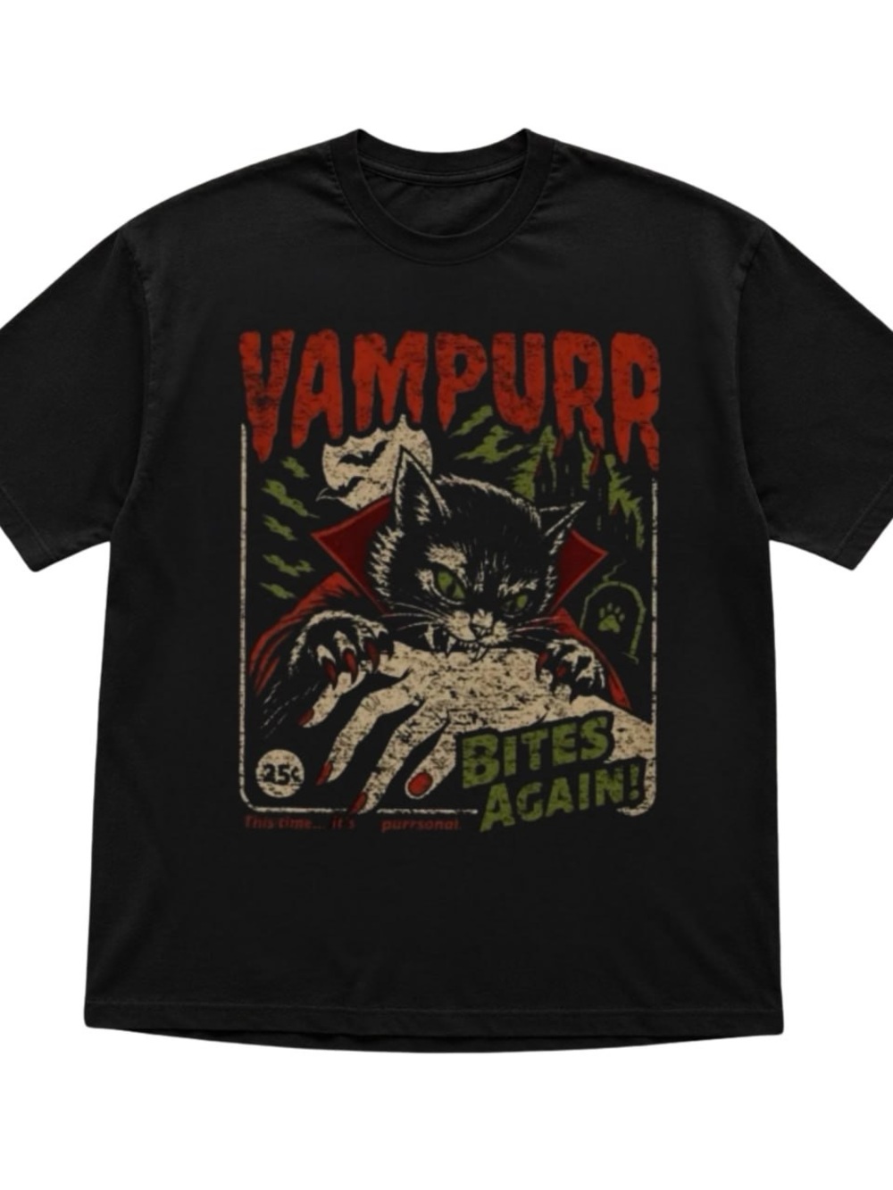 Black Vampurr Graphic Cat Tee with Red and Green Accents